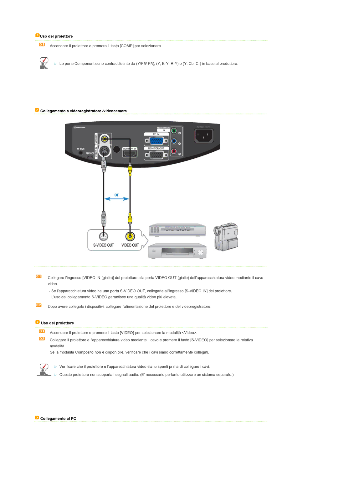 Samsung SPD300BX/EDC manual Collegamento a videoregistratore /videocamera, Collegamento al PC 