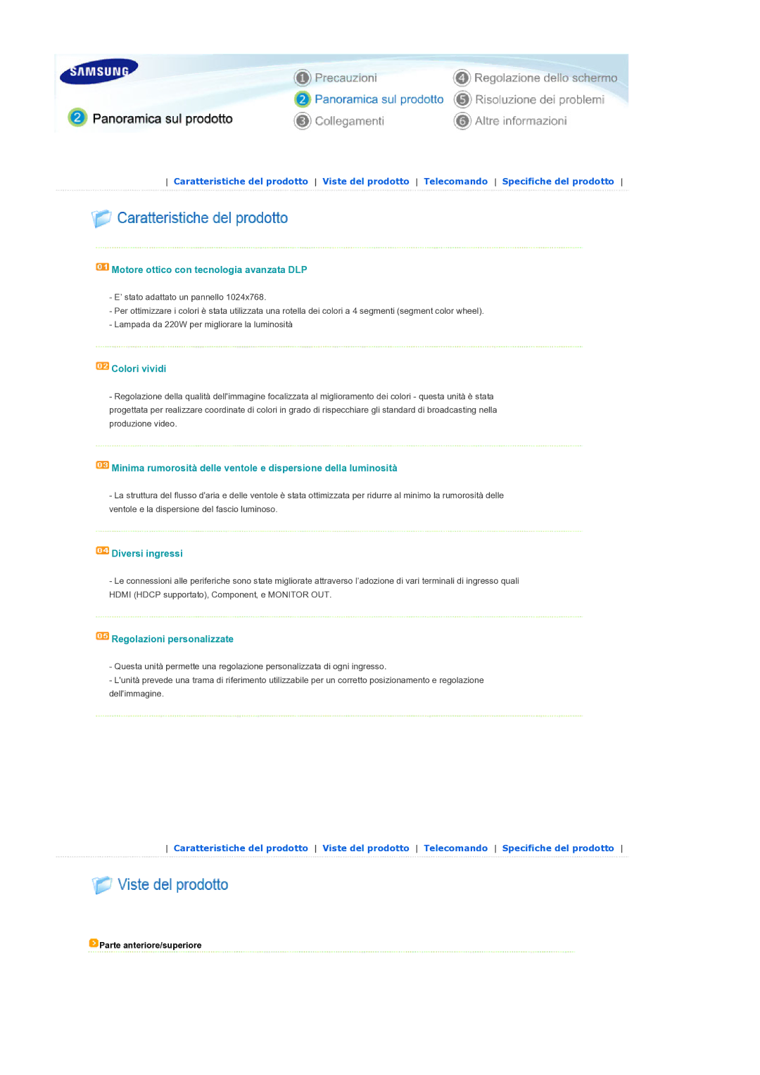 Samsung SPD300BX/EDC manual Motore ottico con tecnologia avanzata DLP, Parte anteriore/superiore 