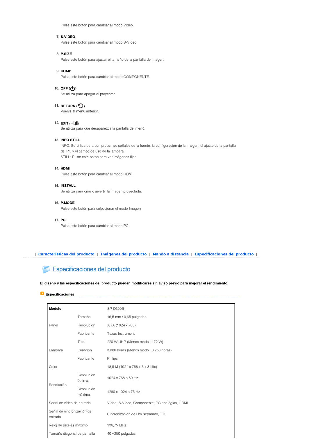 Samsung SPD300BX/EDC manual Modelo 