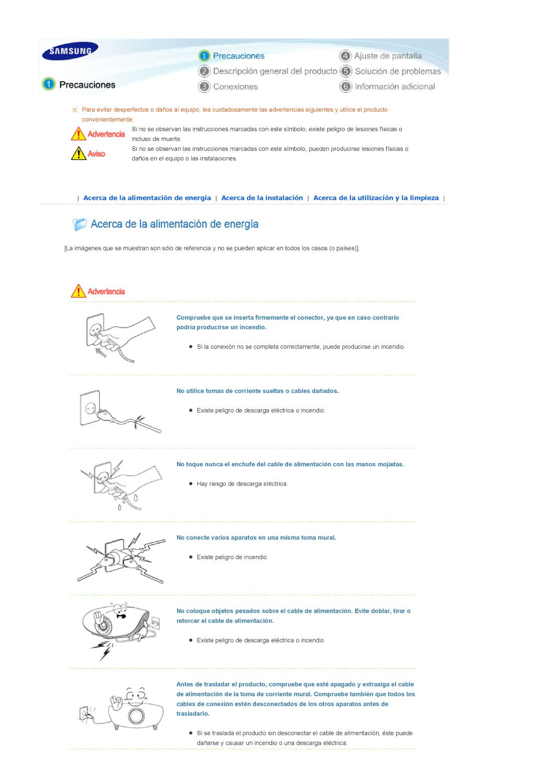 Samsung SPD300BX/EDC manual No utilice tomas de corriente sueltas o cables dañados 