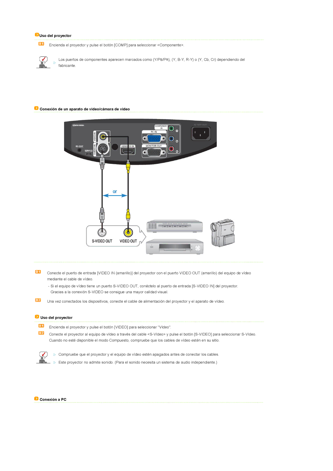 Samsung SPD300BX/EDC manual Conexión de un aparato de vídeo/cámara de vídeo, Conexión a PC 