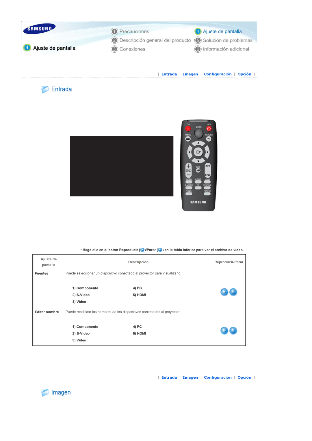 Samsung SPD300BX/EDC manual Entrada Imagen Configuración Opción, Descripción 