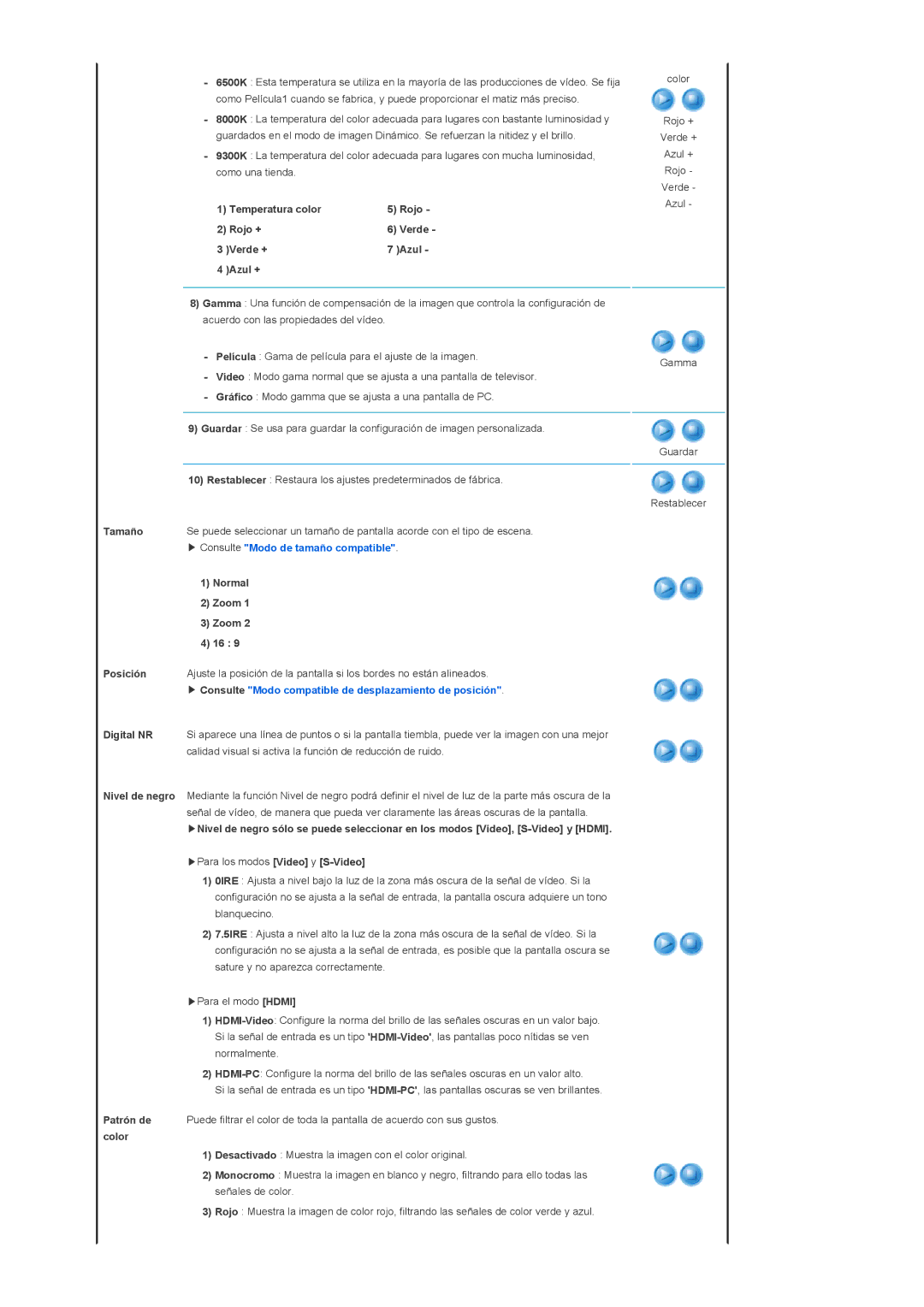 Samsung SPD300BX/EDC manual Temperatura color Rojo Rojo +, Verde + Azul Azul +, Normal, Zoom, Digital NR 