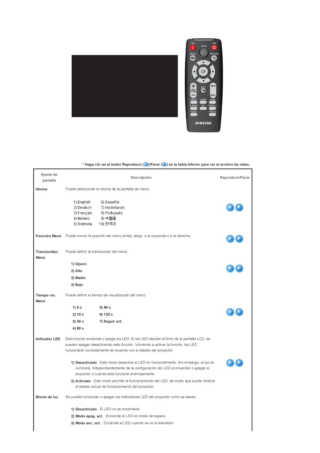 Samsung SPD300BX/EDC manual Ajuste de Pantalla DescripciónReproducir/Parar, Idioma, Menú Opaco Alto Medio Bajo, 60 s 