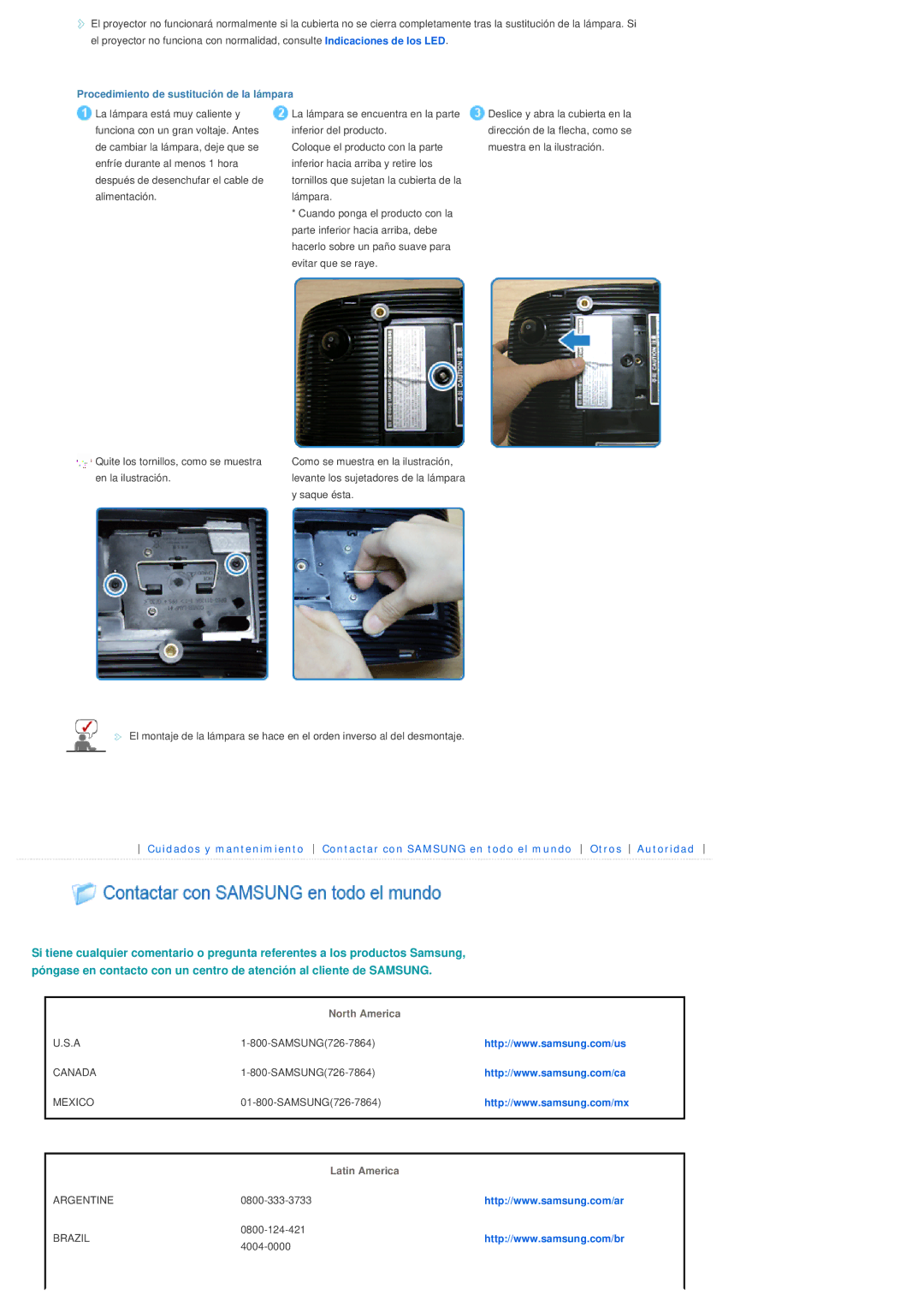 Samsung SPD300BX/EDC manual Procedimiento de sustitución de la lámpara, North America, Latin America 