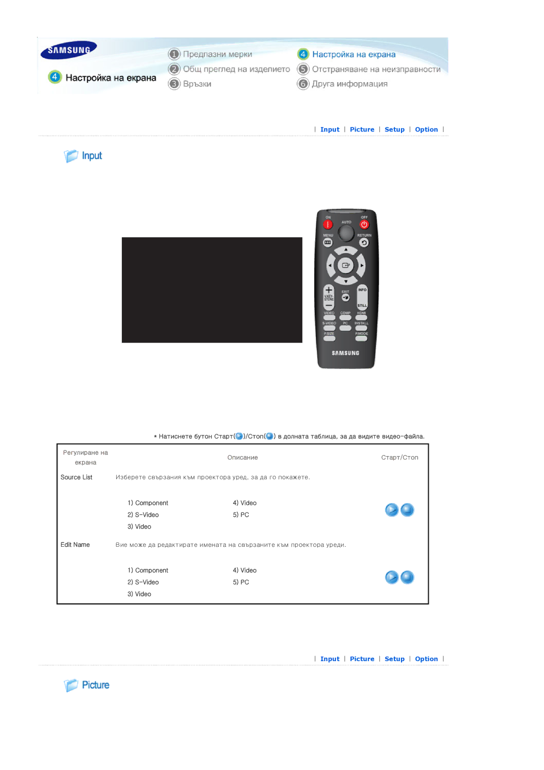 Samsung SPD300BX/EDC manual Input Picture Setup Option 