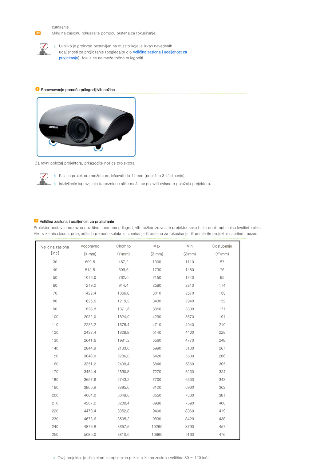 Samsung SPD300BX/EDC manual Poravnavanje pomoću prilagodljivih nožica, Veličina zaslona i udaljenost za projiciranje 