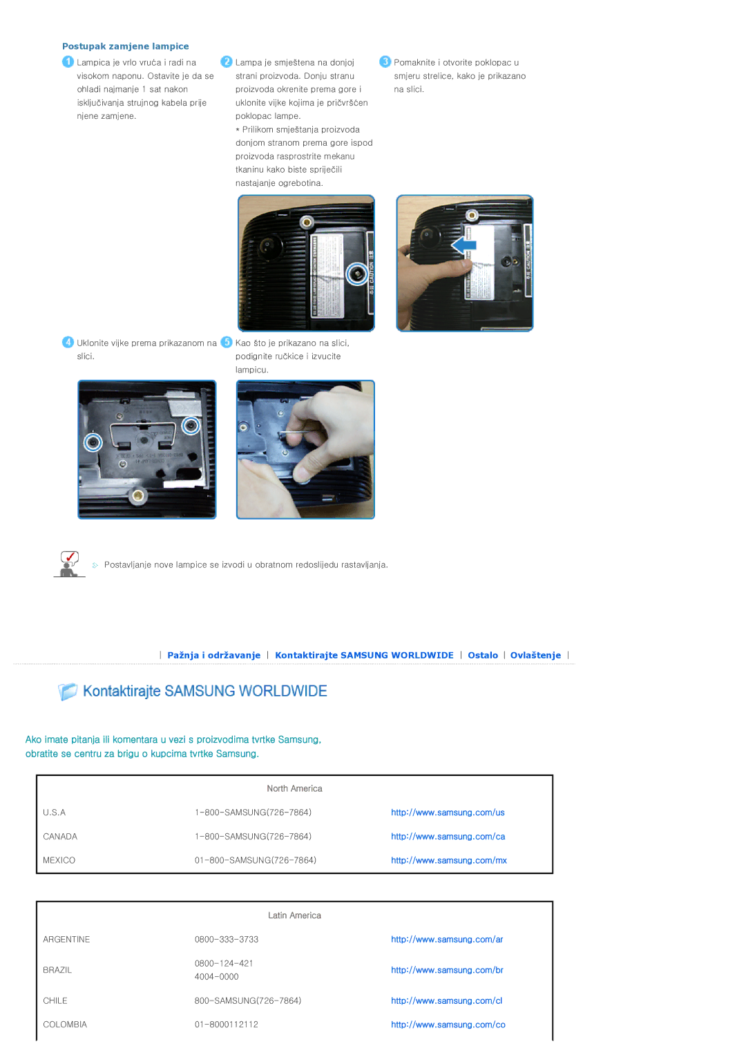 Samsung SPD300BX/EDC manual Postupak zamjene lampice, Latin America 