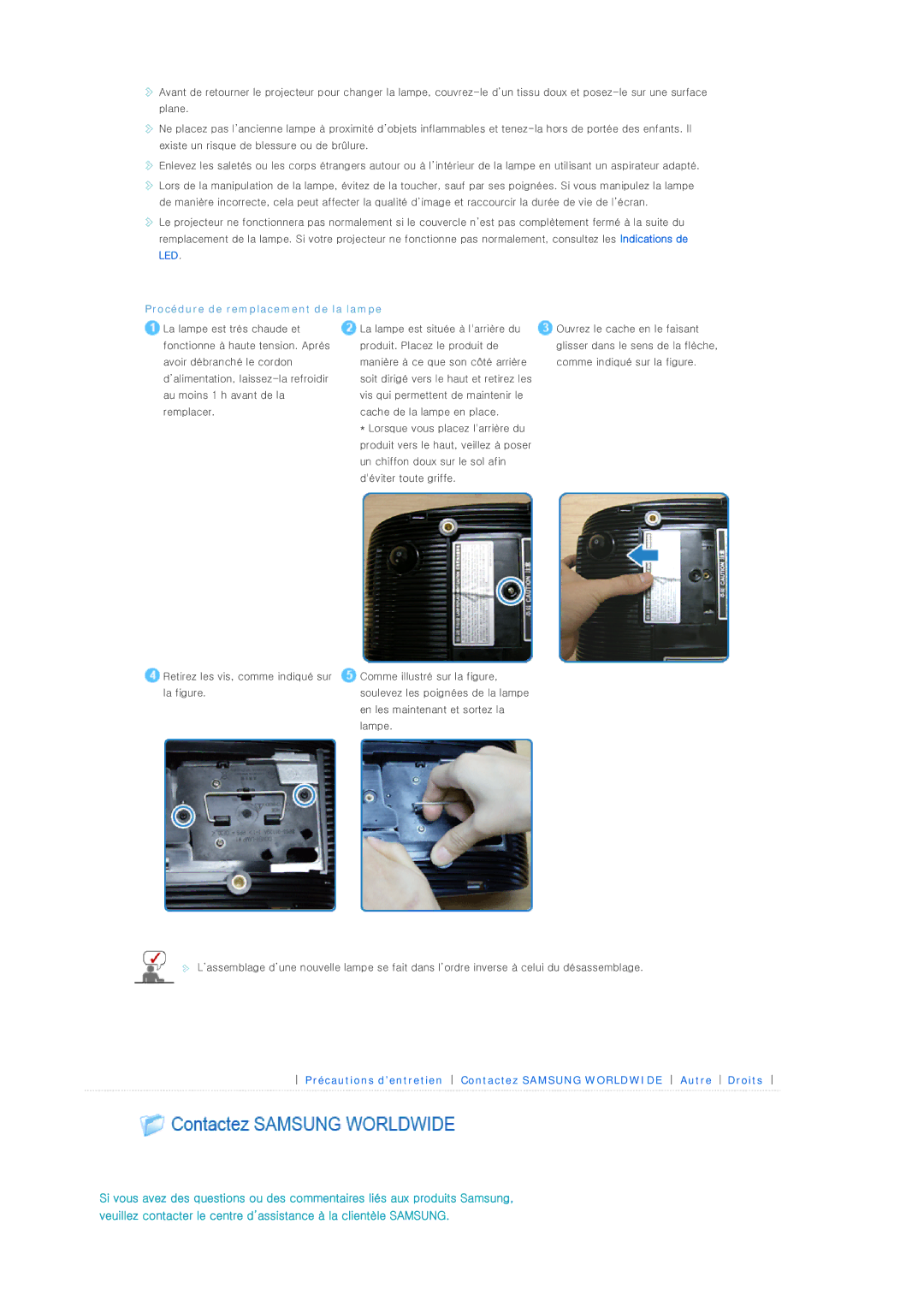 Samsung SPD400SX/EN, SPD400SFX/EN manual Procédure de remplacement de la lampe 