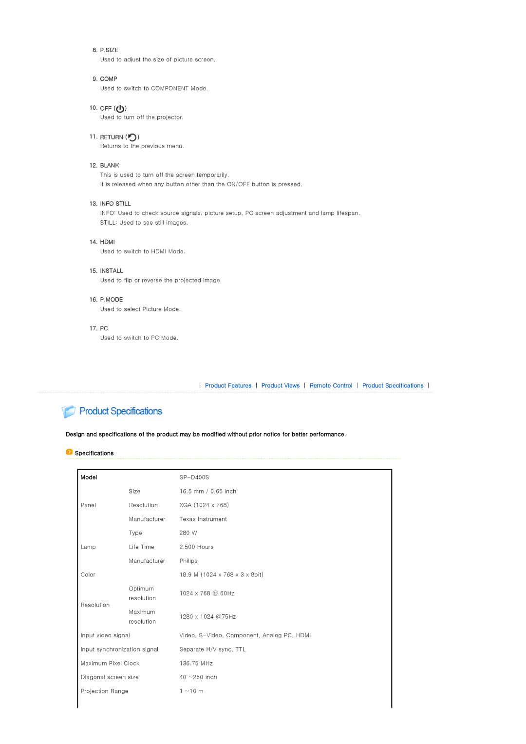 Samsung SPD400SFX/EN, SPD400SX/EN manual Size 