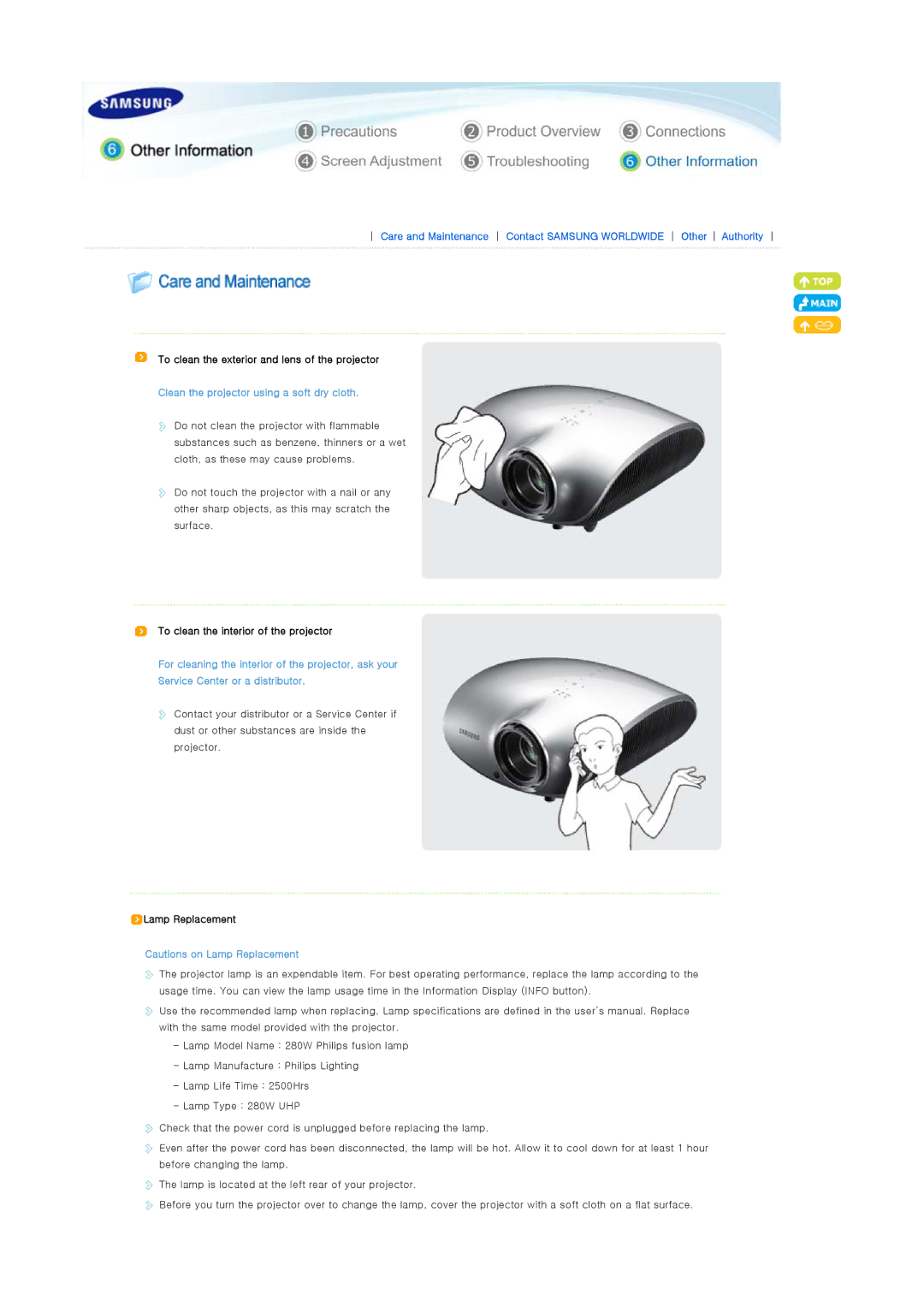 Samsung SPD400SX/EN, SPD400SFX/EN manual Clean the projector using a soft dry cloth 