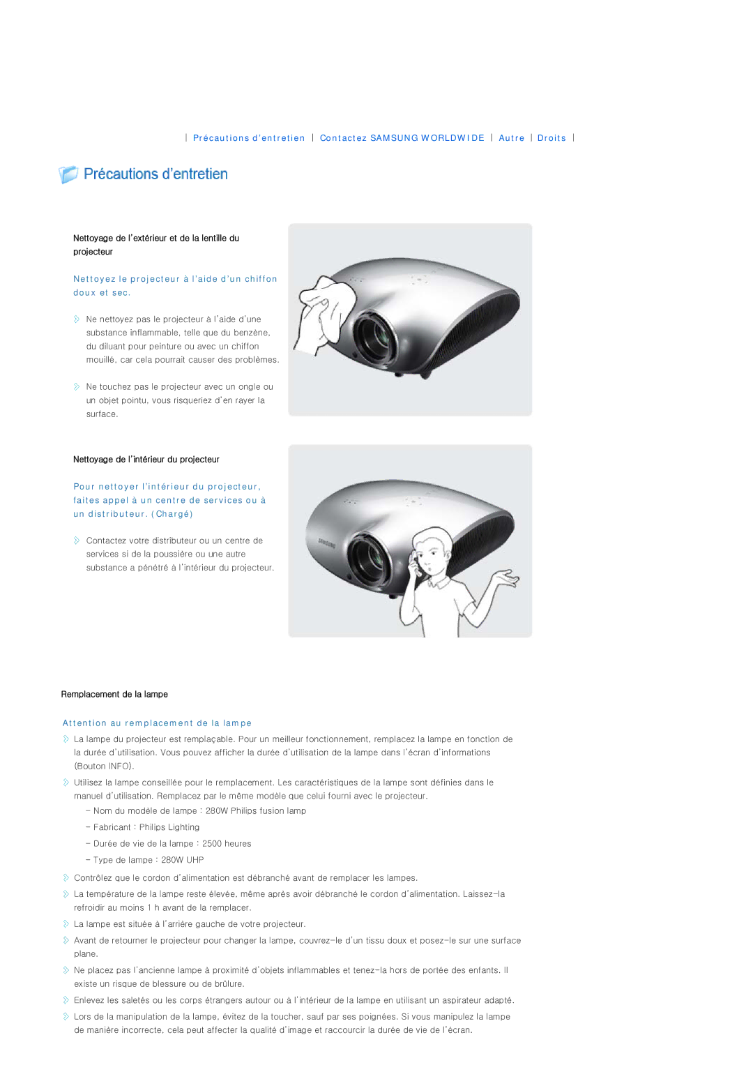 Samsung SPD400SFX/EN Nettoyage de l’extérieur et de la lentille du projecteur, Nettoyage de l’intérieur du projecteur 