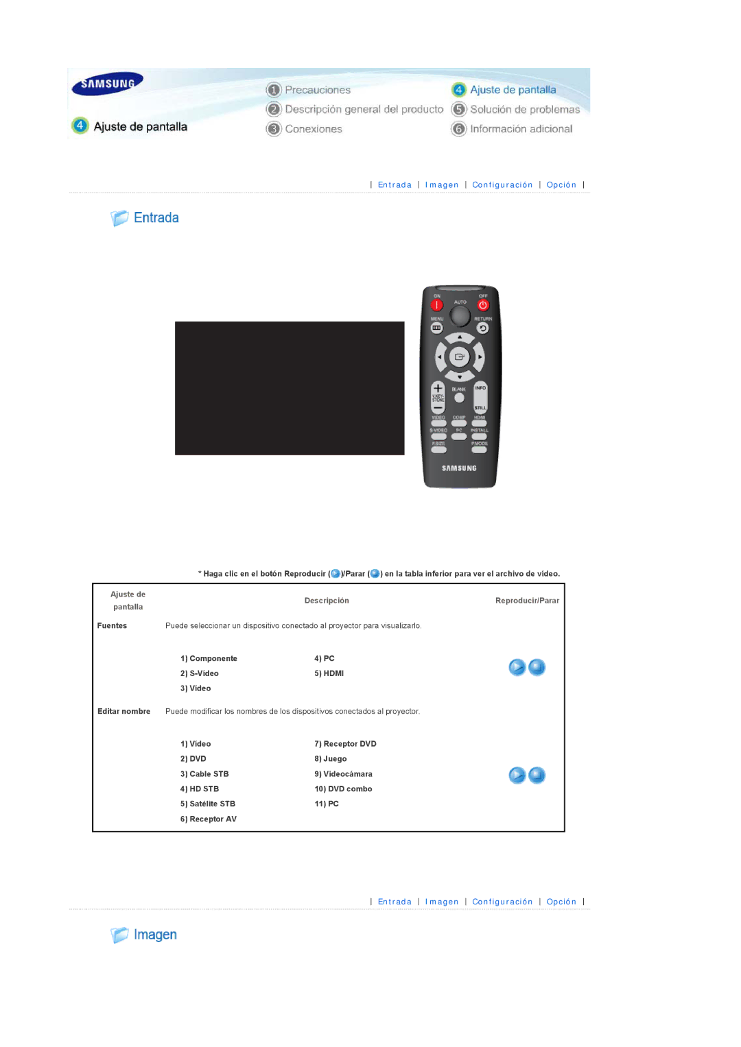 Samsung SPD400SFX/EN, SPD400SX/EN manual Entrada Imagen Configuración Opción 