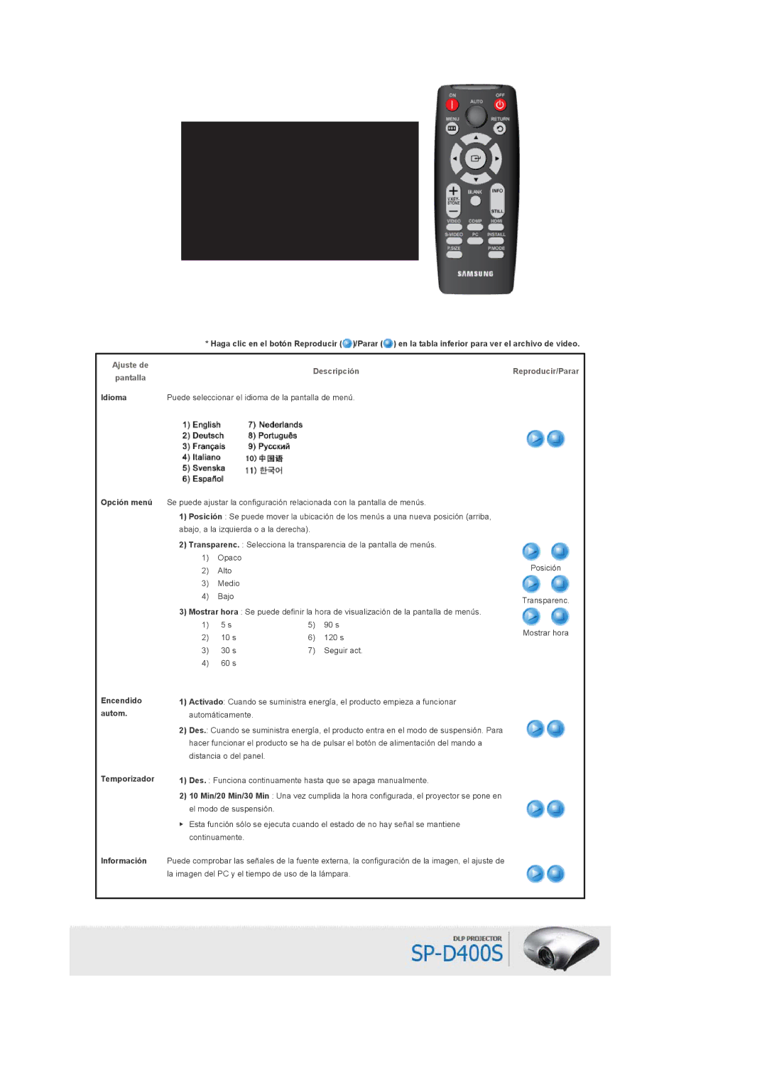 Samsung SPD400SX/EN, SPD400SFX/EN manual Idioma Opción menú Encendido autom 