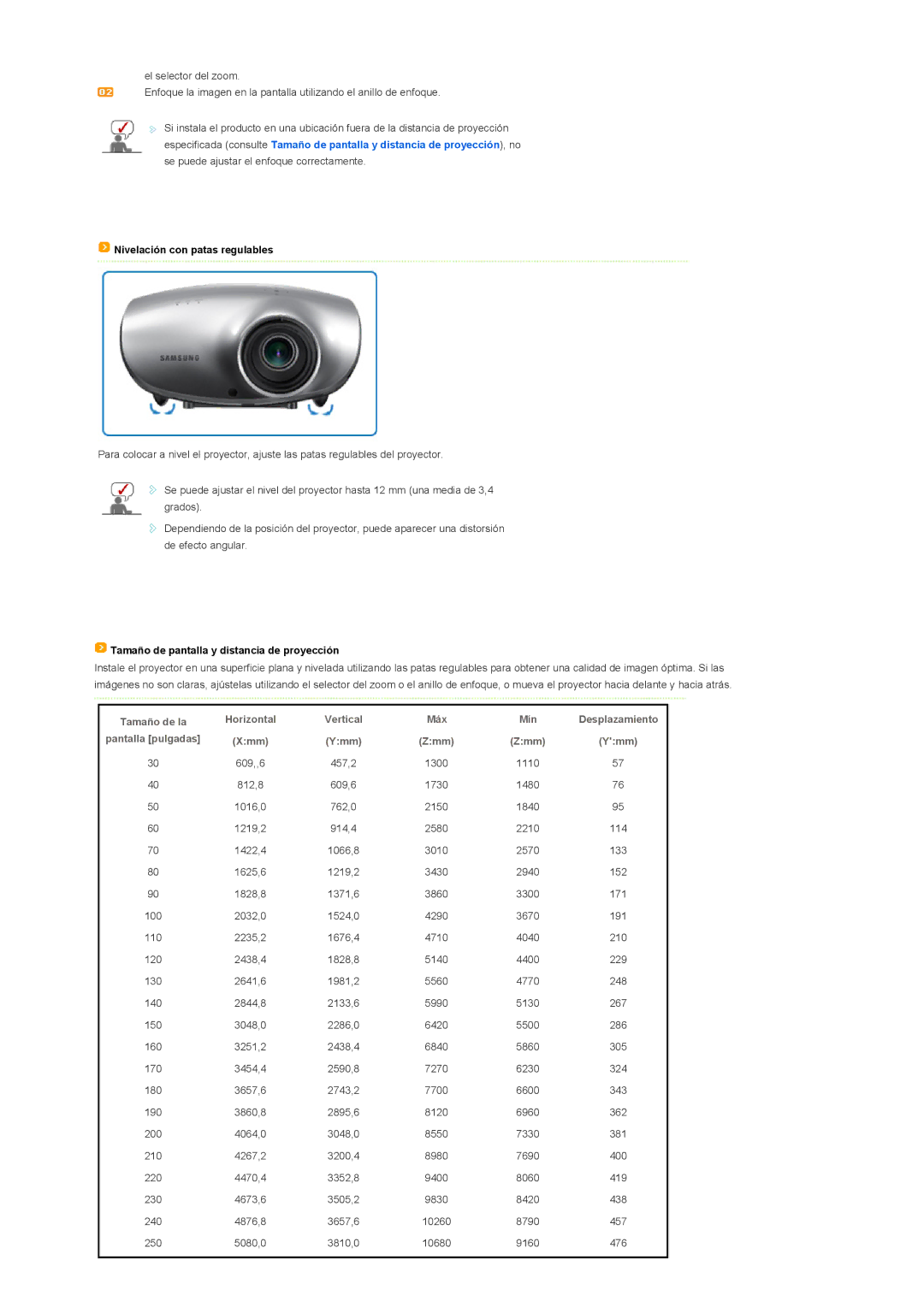 Samsung SPD400SFX/EN Nivelación con patas regulables, Tamaño de pantalla y distancia de proyección, Vertical Máx, Xmm Ymm 