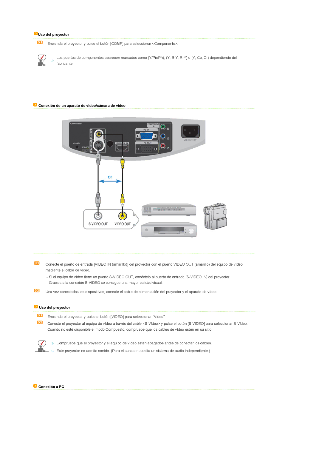 Samsung SPD400SFX/EN, SPD400SX/EN manual Conexión de un aparato de vídeo/cámara de vídeo, Conexión a PC 