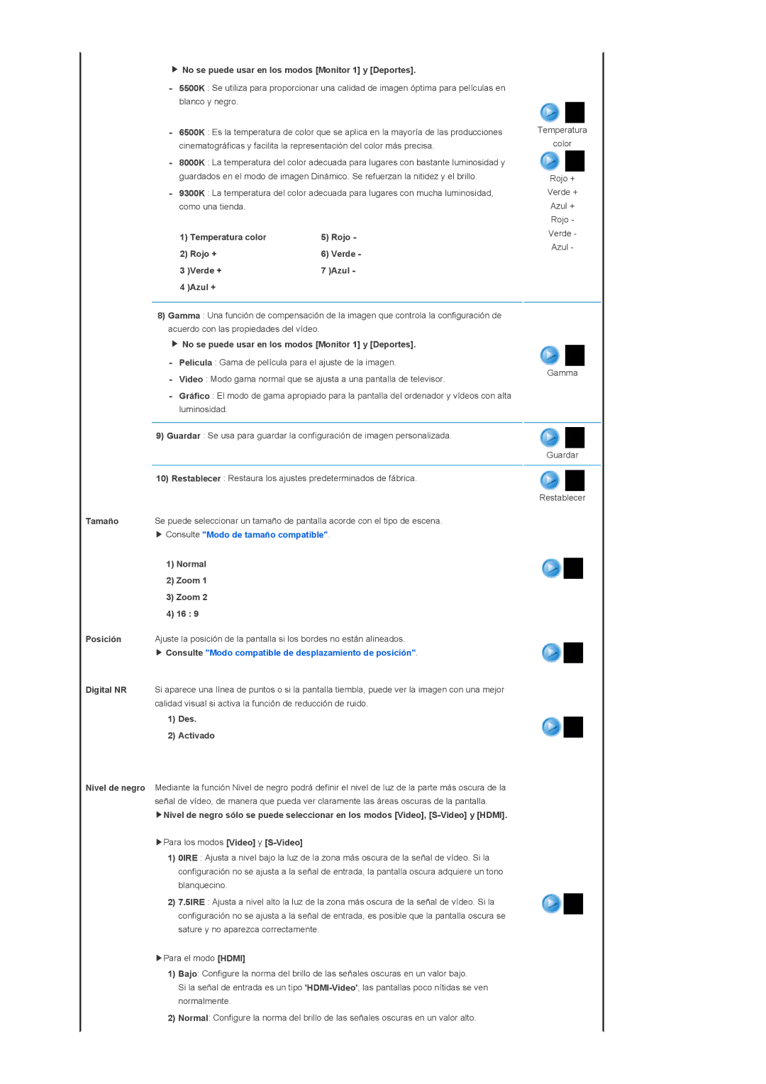 Samsung SPD400SX/EN No se puede usar en los modos Monitor 1 y Deportes, Temperatura color Rojo Rojo +, Verde + Azul Azul + 