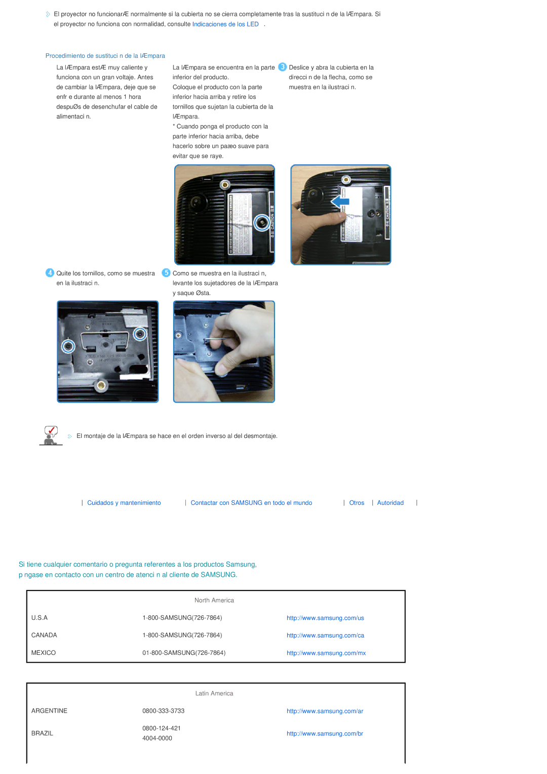 Samsung SPD400SX/EN, SPD400SFX/EN manual Procedimiento de sustitución de la lámpara, North America, Latin America 