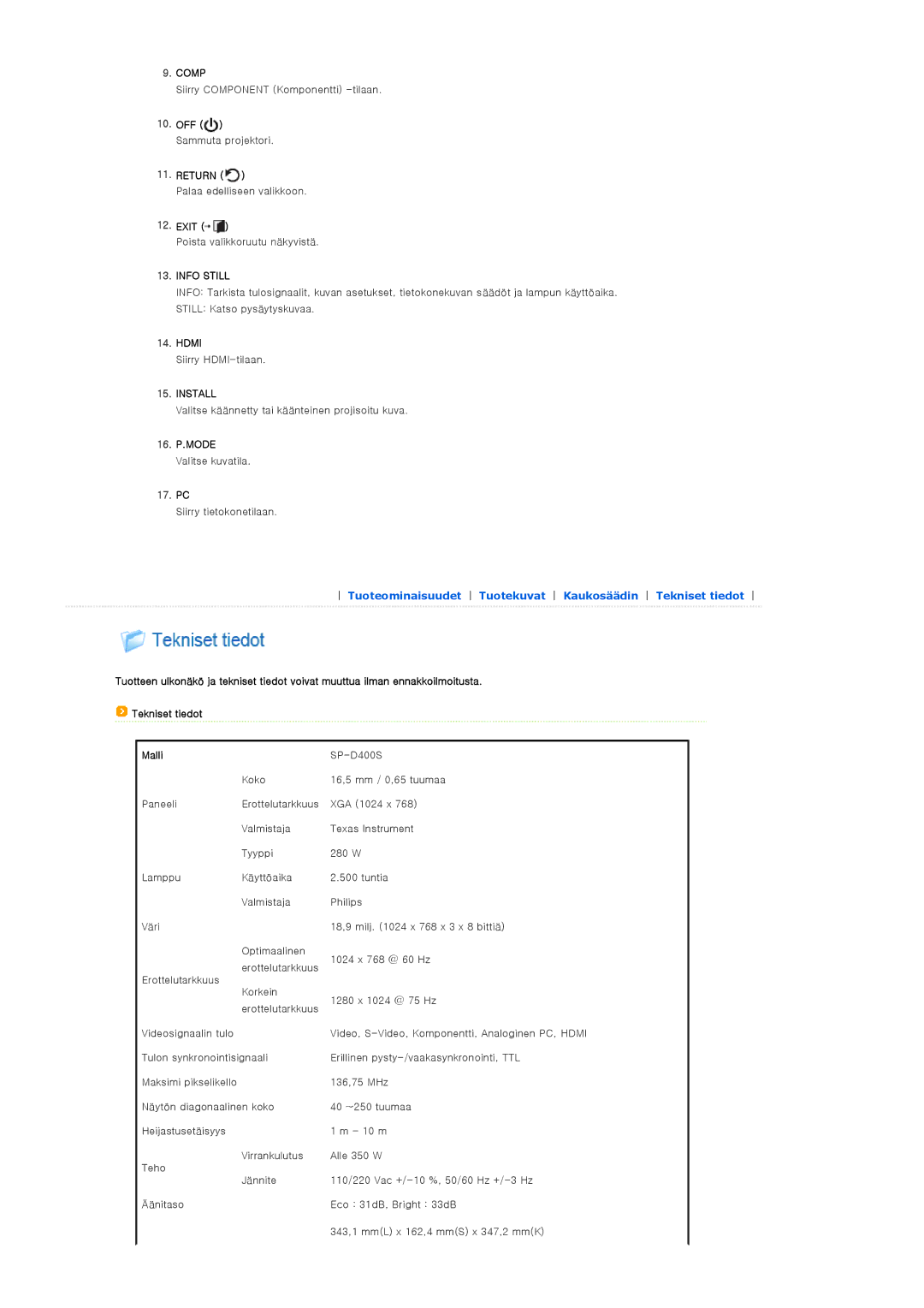 Samsung SPD400SFX/EN, SPD400SX/EN manual OFF Sammuta projektori Return, Exit, Hdmi, 17. PC, Malli 