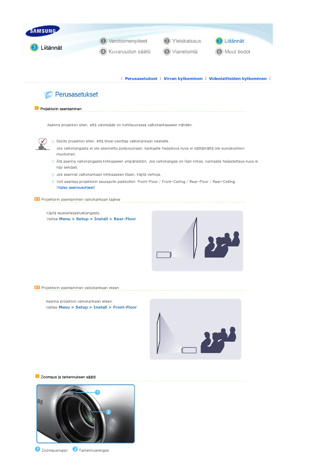 Samsung SPD400SFX/EN manual Projektorin asentaminen, Valitse Menu Setup Install Rear-Floor, Zoomaus ja tarkennuksen säätö 