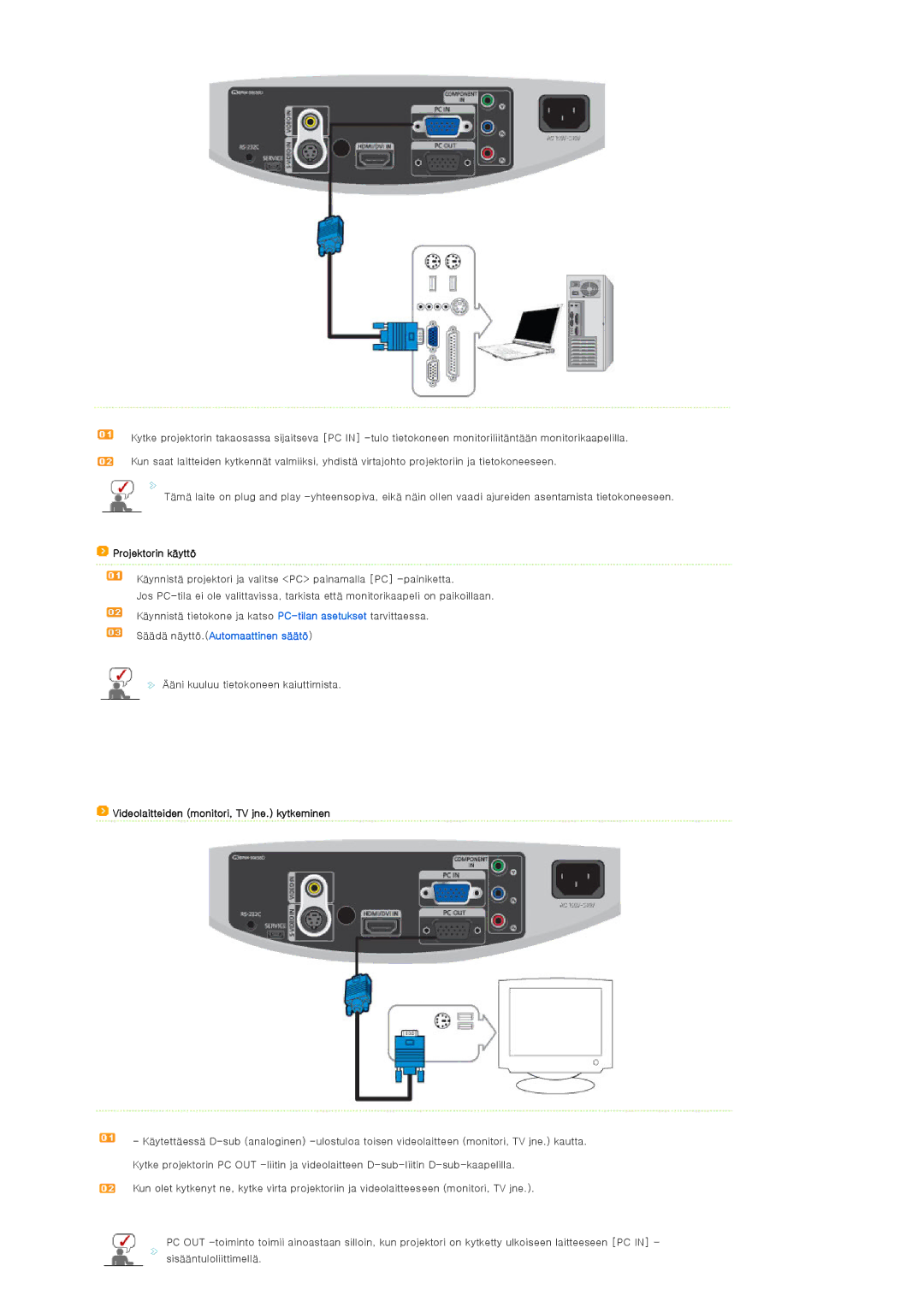 Samsung SPD400SFX/EN, SPD400SX/EN manual Säädä näyttö.Automaattinen säätö, Videolaitteiden monitori, TV jne. kytkeminen 