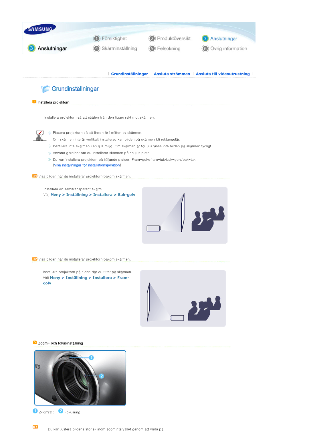 Samsung SPD400SFX/EN manual Installera projektorn, Välj Meny Inställning Installera Bak-golv, Zoom- och fokusinställning 