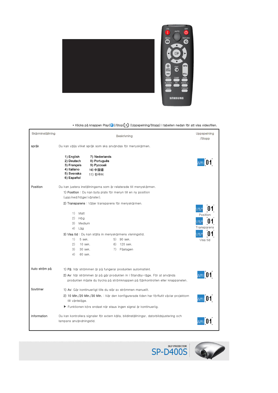 Samsung SPD400SX/EN, SPD400SFX/EN manual Språk Position Auto ström på, Till vänteläge 