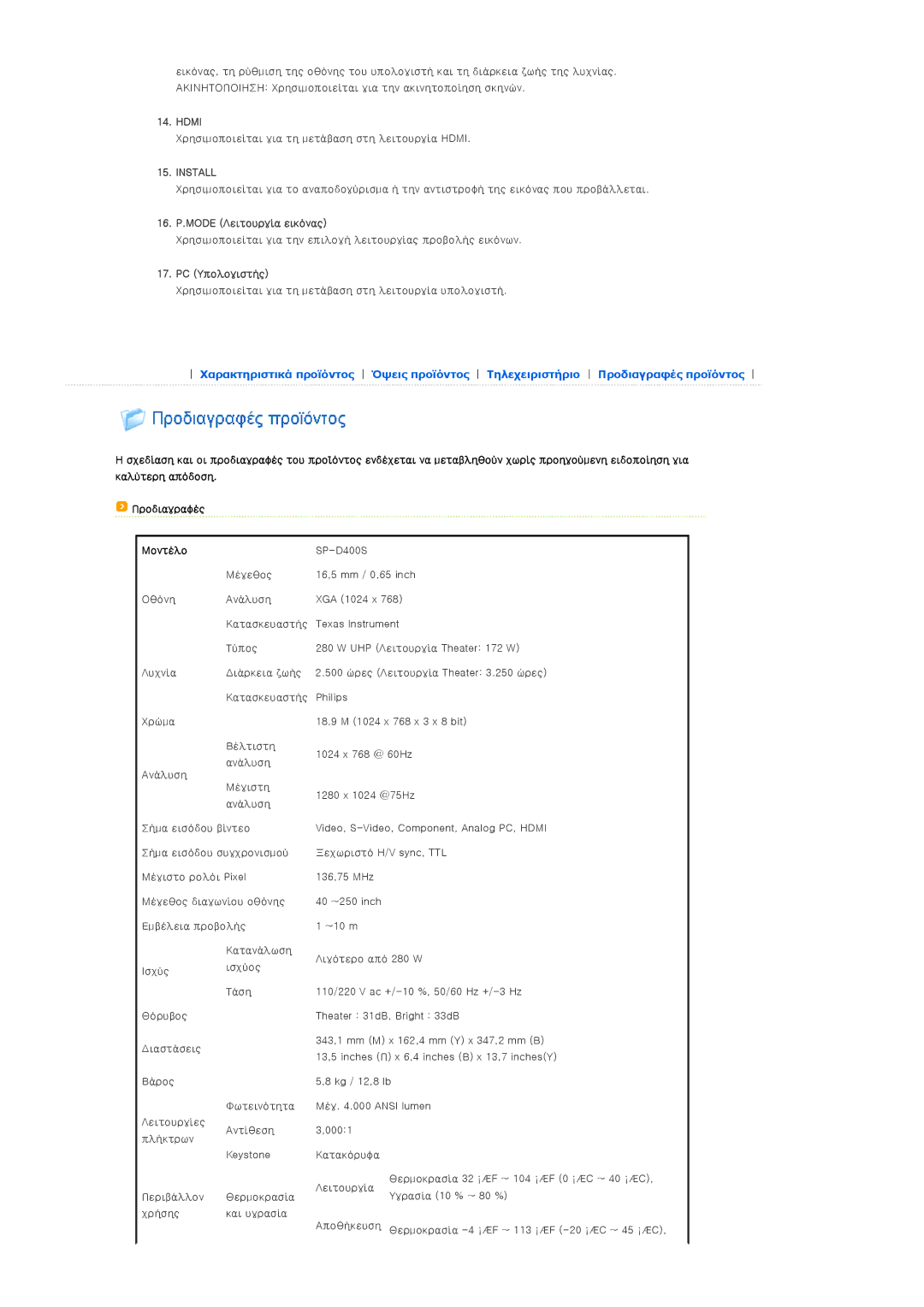 Samsung SPD400SX/EN, SPD400SFX/EN manual Hdmi, 16. P.MODE Λειτουργία εικόνας, PC Υπολογιστής, Μοντέλο 