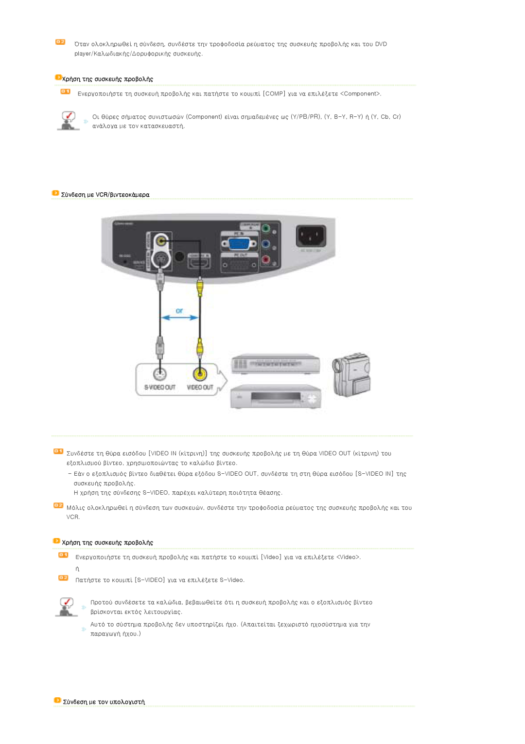 Samsung SPD400SFX/EN, SPD400SX/EN manual Χρήση της συσκευής προβολής, Σύνδεση με VCR/βιντεοκάμερα, Σύνδεση με τον υπολογιστή 