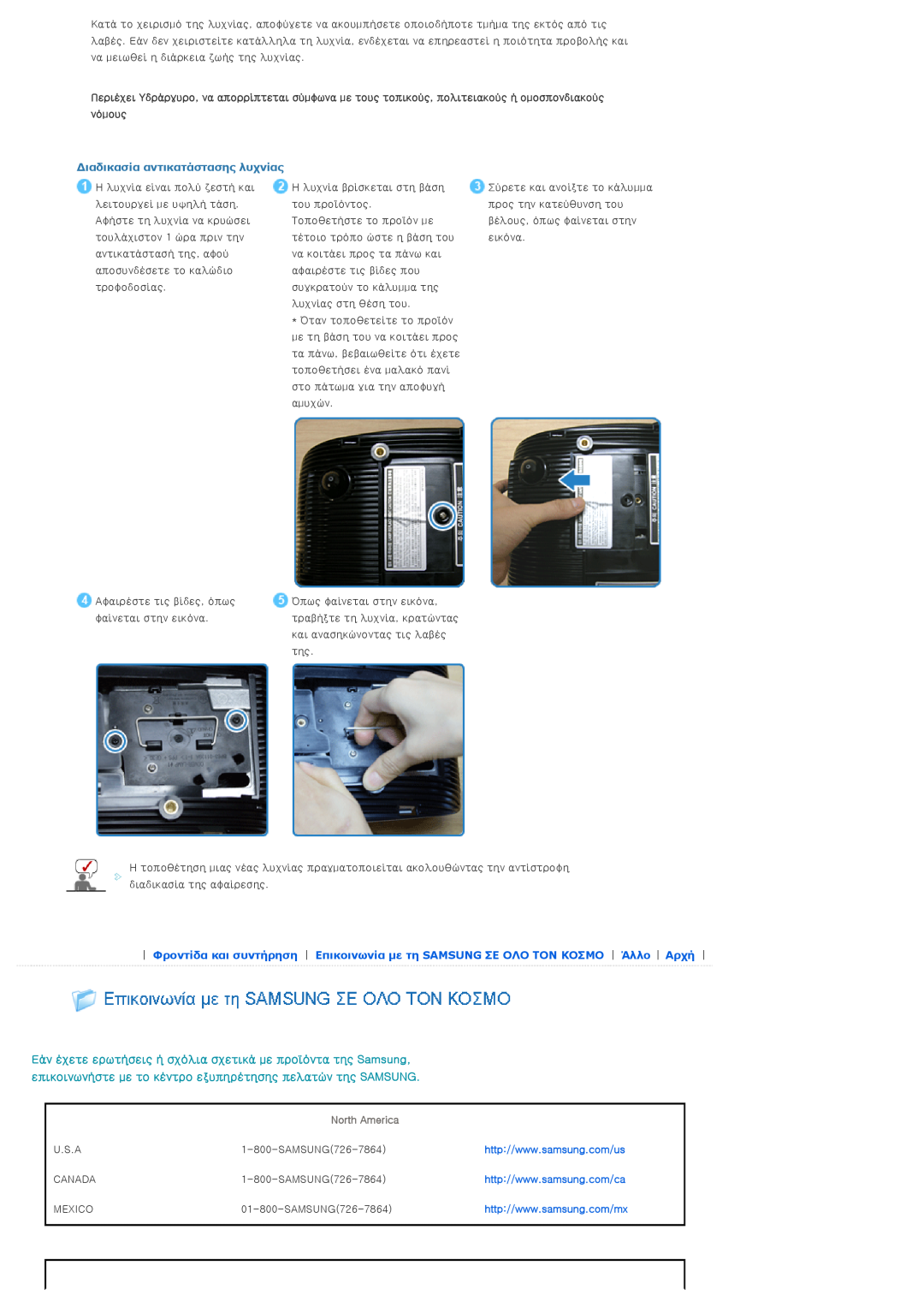 Samsung SPD400SX/EN, SPD400SFX/EN manual Διαδικασία αντικατάστασης λυχνίας, North America 
