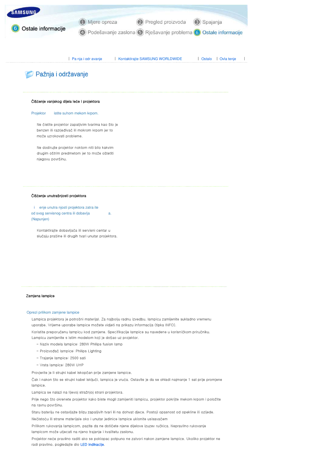 Samsung SPD400SX/EN manual Čišćenje vanjskog dijela leće i projektora, Projektor čistite suhom mekom krpom, Zamjena lampice 