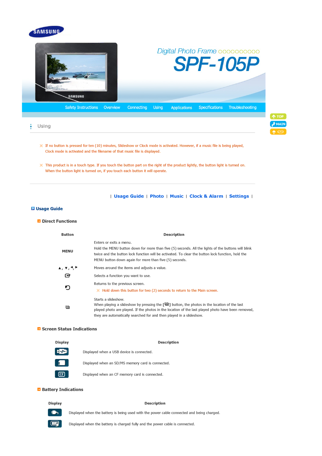 Samsung SPF-105P manual Direct Functions, Usage Guide Photo Music Clock & Alarm Settings, Screen Status Indications 