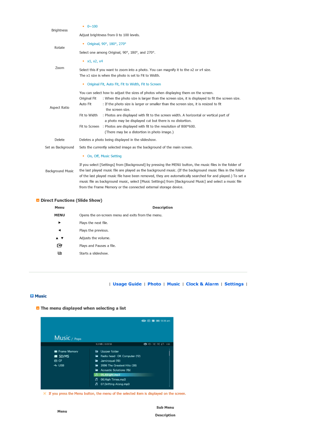 Samsung SPF-105P manual Direct Functions Slide Show, Music, Menu displayed when selecting a list, Sub Menu Description 