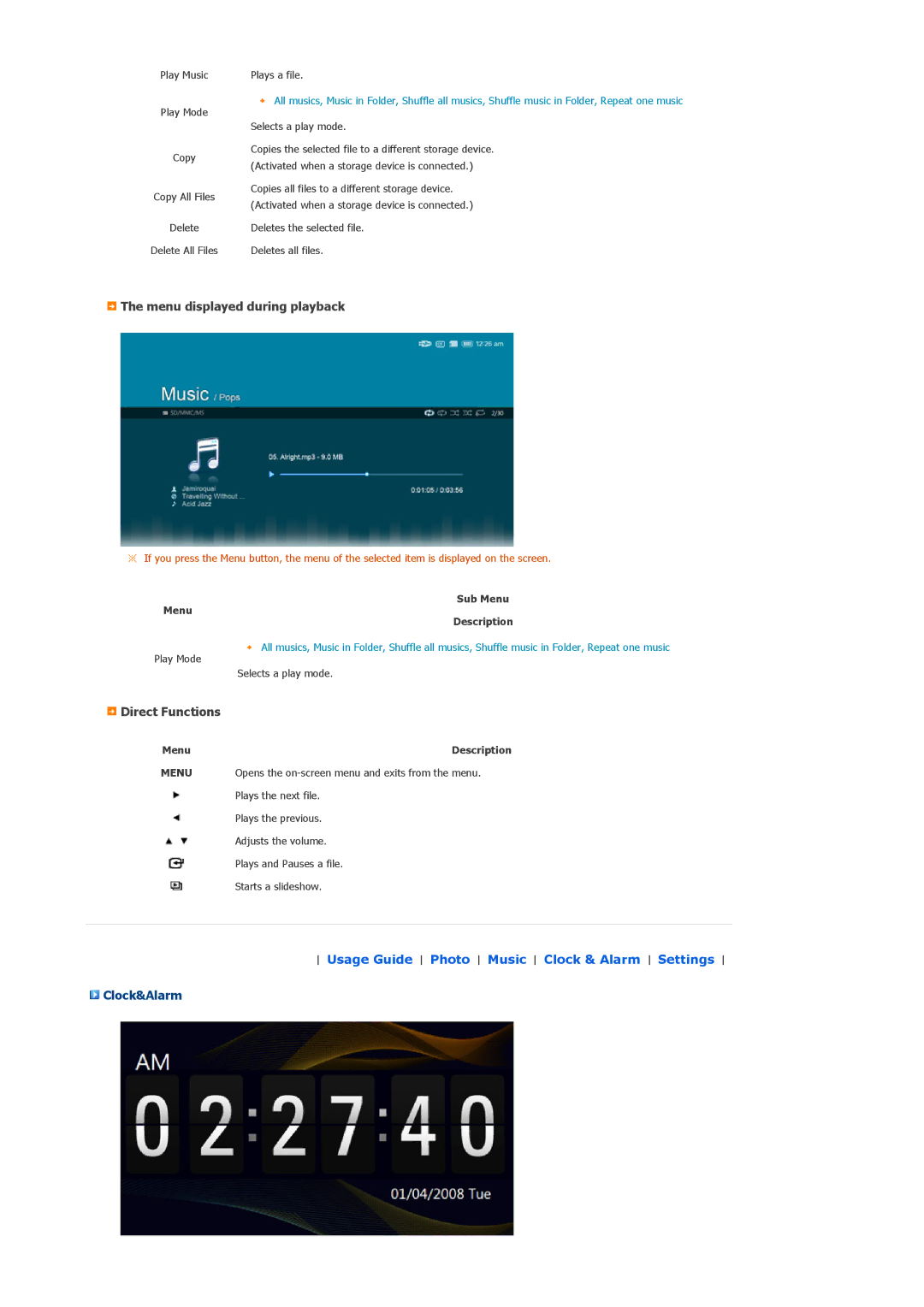 Samsung SPF-105P manual Menu displayed during playback, Clock&Alarm 