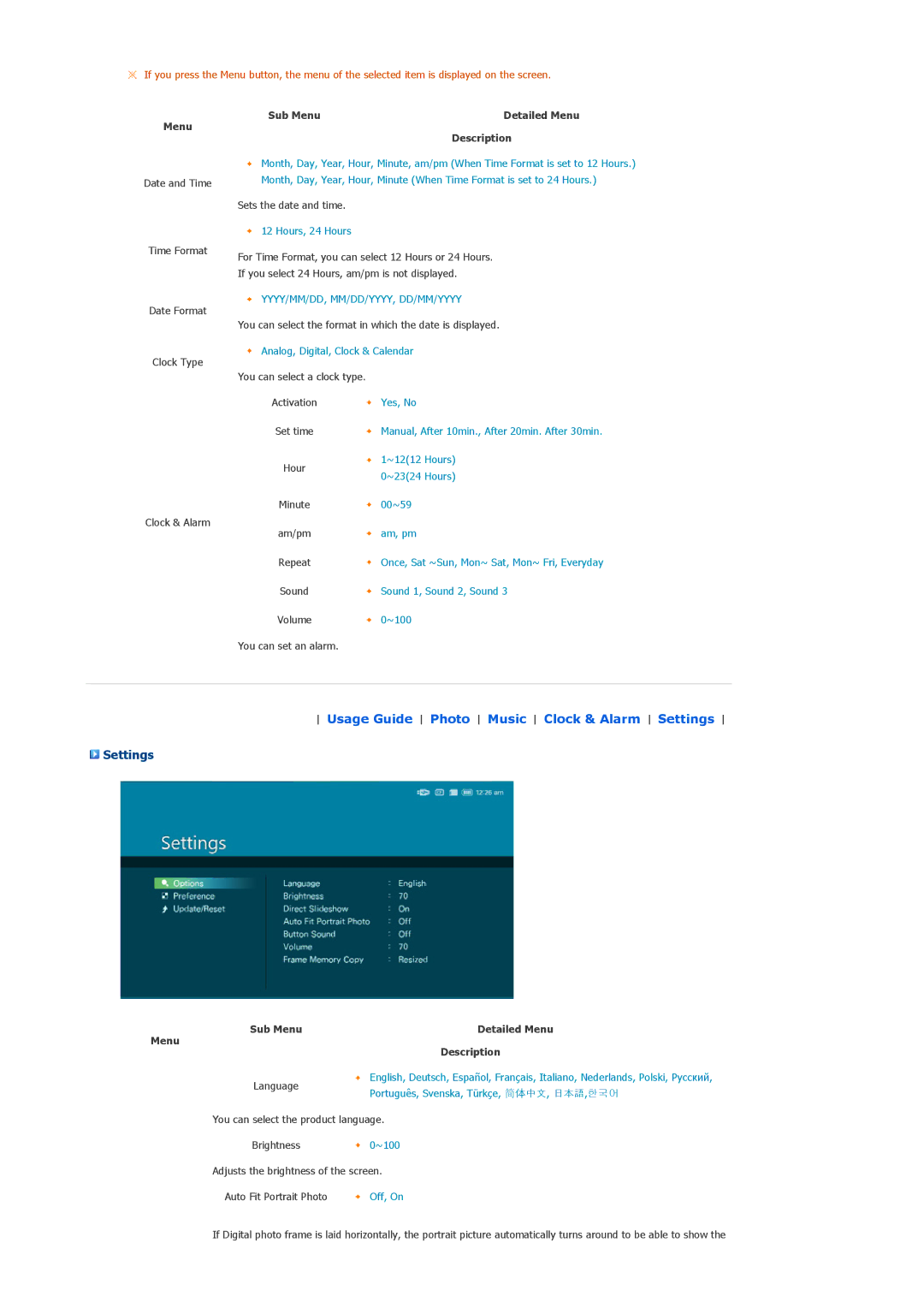 Samsung SPF-105P manual Settings, Detailed Menu, Menu Description 