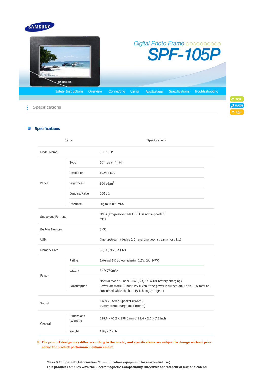 Samsung SPF-105P manual Specifications, CF/SD/MS FAT32 