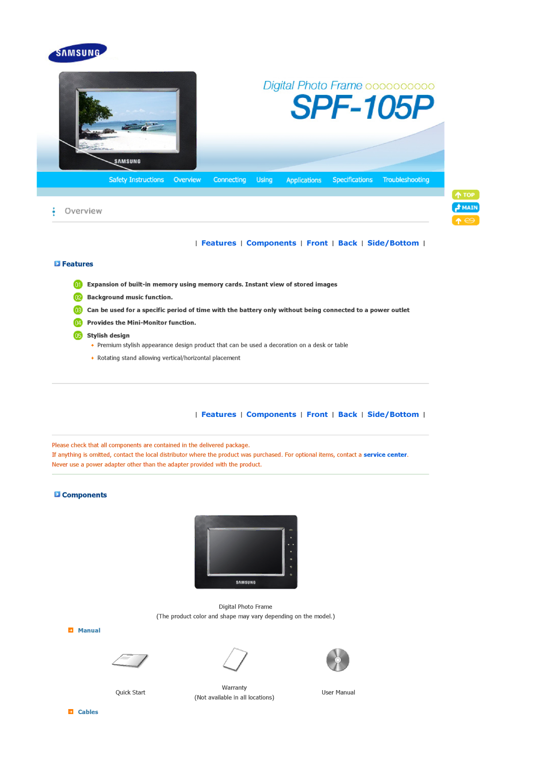 Samsung SPF-105P manual Features Components Front Back Side/Bottom 