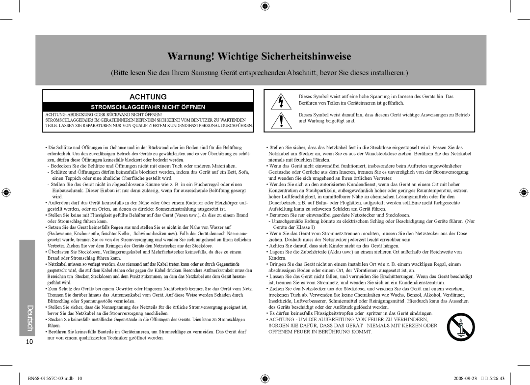 Samsung SPF-71E user manual Warnung! Wichtige Sicherheitshinweise, Achtung, Stromschlaggefahr Nicht Öffnen 