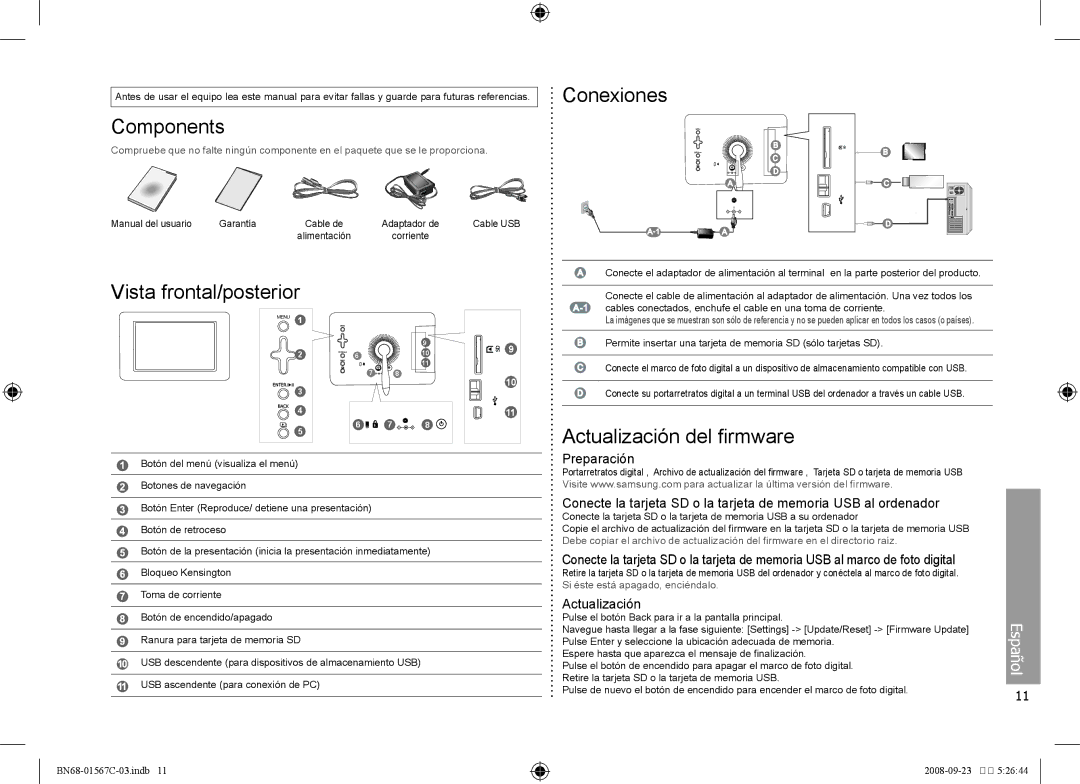 Samsung SPF-71E user manual Components, Conexiones, Vista frontal/posterior, Actualización del firmware 