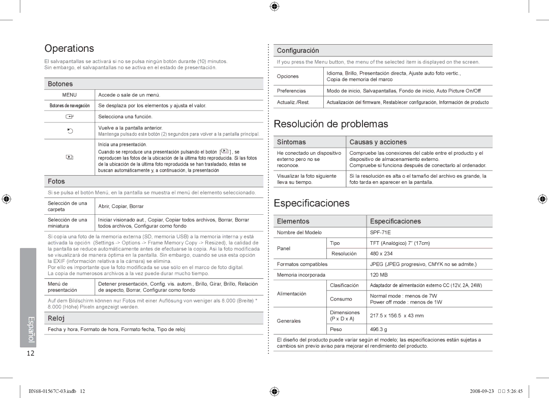 Samsung SPF-71E user manual Resolución de problemas, Especificaciones, Reloj 