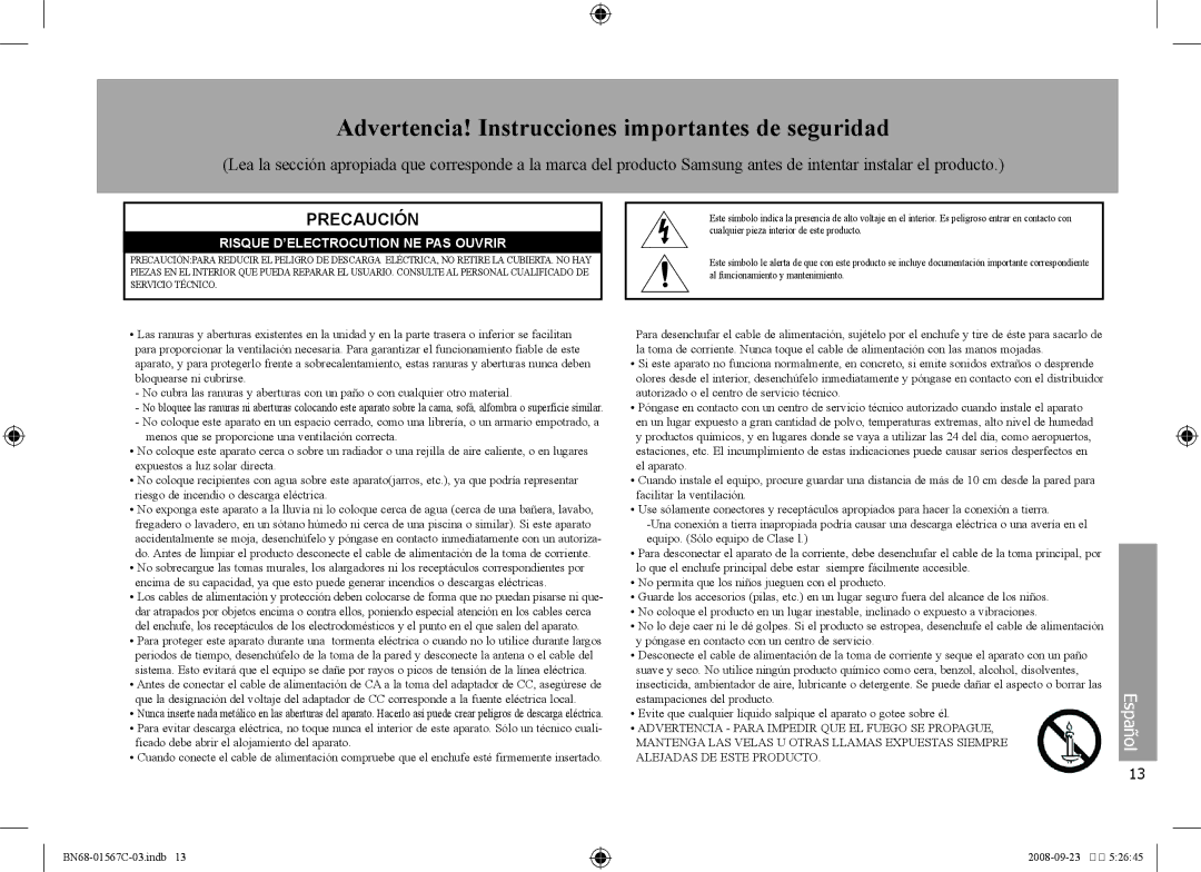 Samsung SPF-71E Advertencia! Instrucciones importantes de seguridad, Precaución, Risque D’ELECTROCUTION NE PAS Ouvrir 