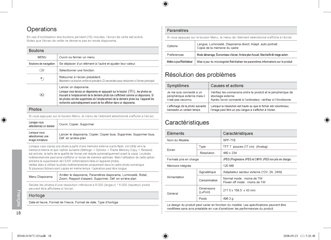 Samsung SPF-71E user manual Résolution des problèmes, Caractéristiques, Horloge 