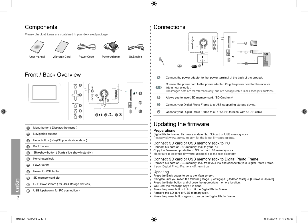 Samsung SPF-71E user manual Components Connections, Front / Back Overview, Updating the firmware 