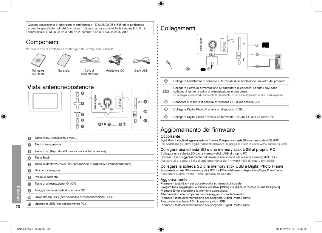 Samsung SPF-71E user manual Componenti, Vista anteriore/posteriore, Collegamenti, Aggiornamento del firmware 