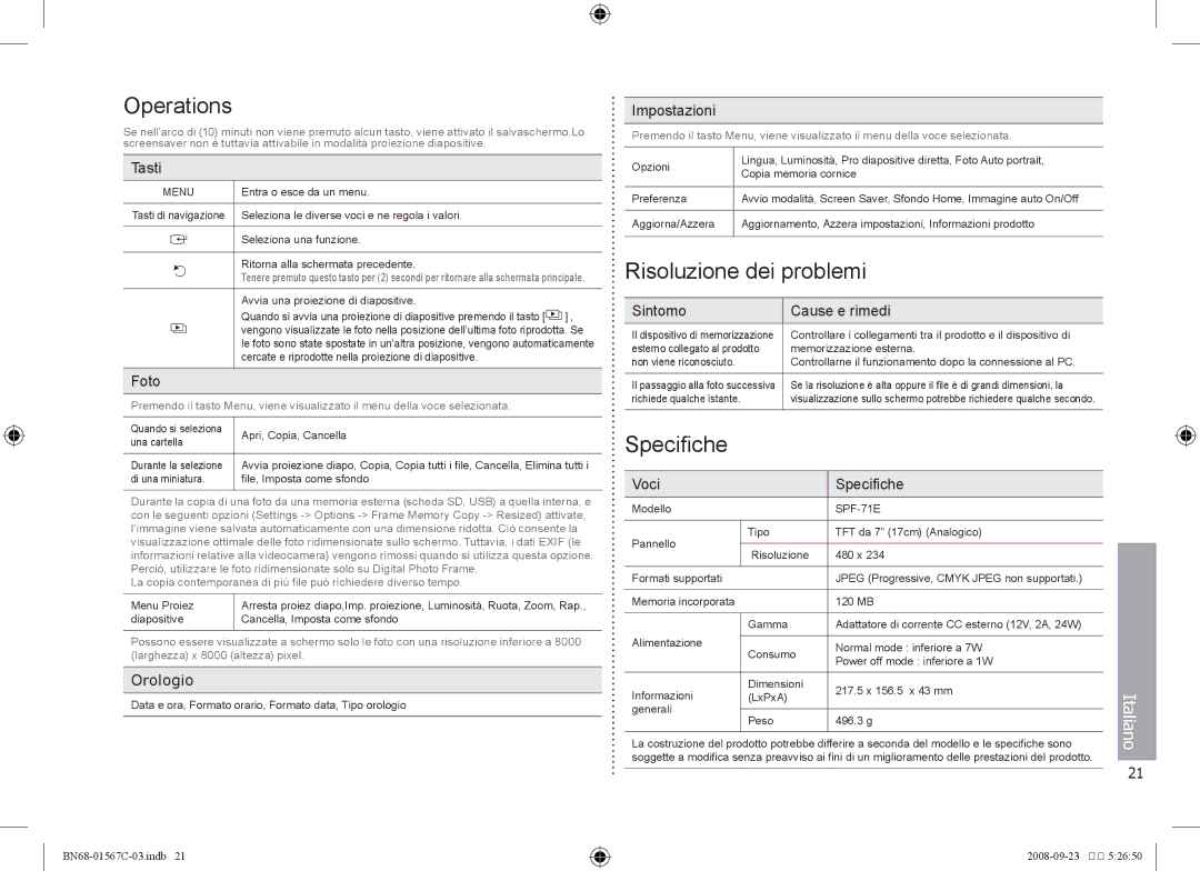 Samsung SPF-71E user manual Risoluzione dei problemi, Specifiche, Orologio 