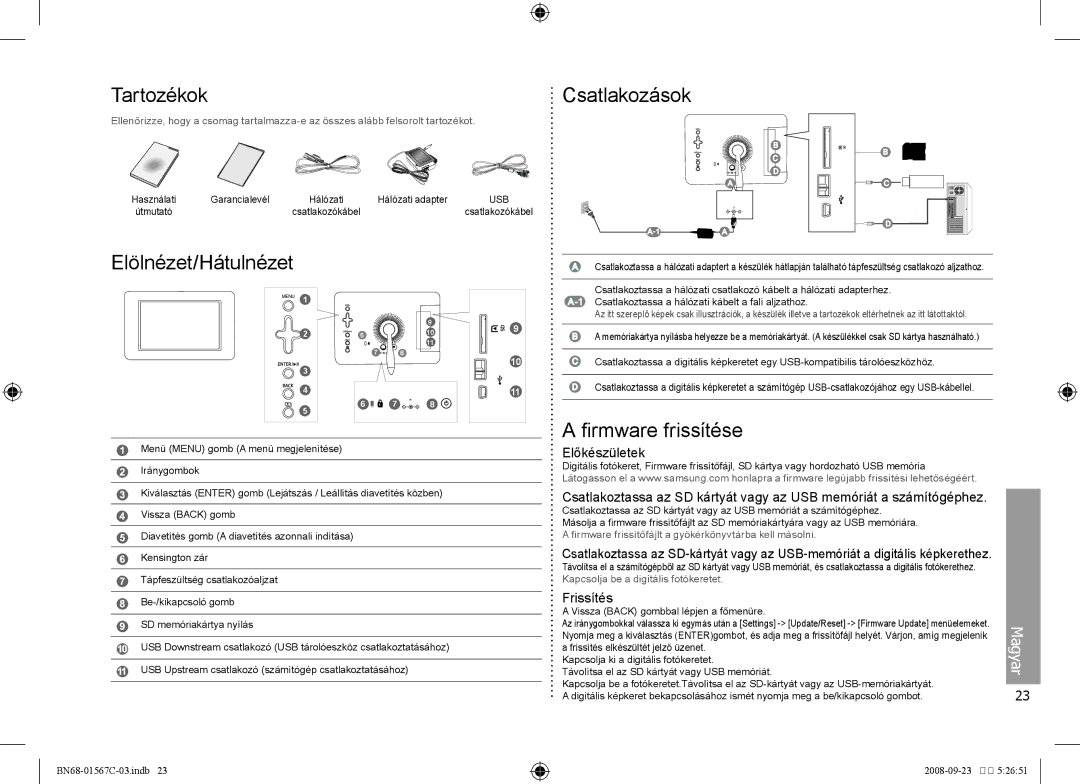 Samsung SPF-71E user manual Tartozékok, Elölnézet/Hátulnézet, Firmware frissítése, Frissítés 