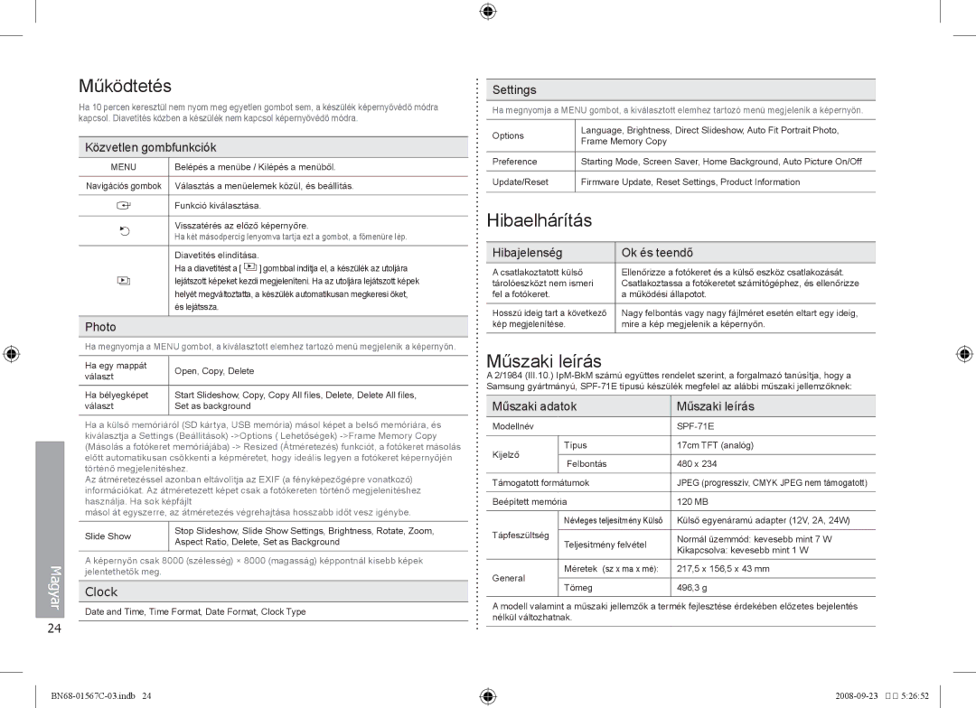 Samsung SPF-71E user manual Működtetés, Hibaelhárítás, Műszaki leírás 