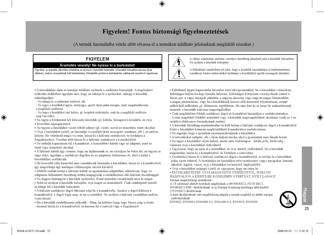 Samsung SPF-71E user manual Figyelem! Fontos biztonsági figyelmeztetések, Európai megfelelőségi nyilatkozat 