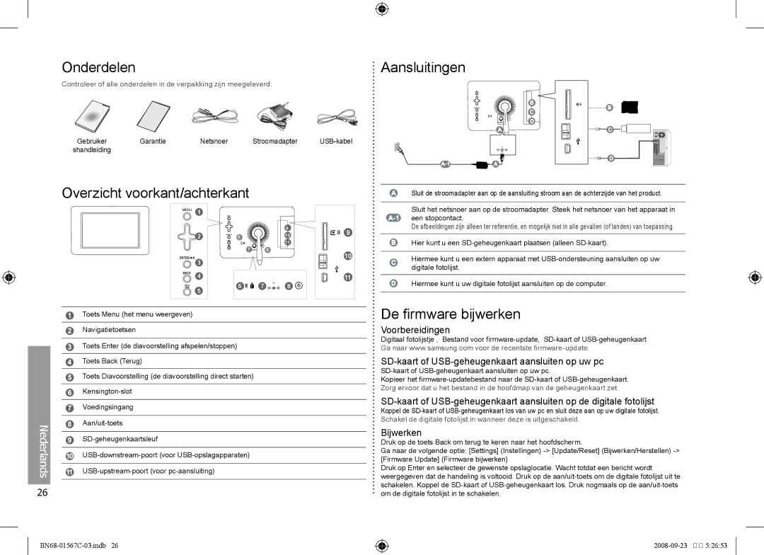 Samsung SPF-71E user manual Onderdelen Aansluitingen, Overzicht voorkant/achterkant, De firmware bijwerken, Bijwerken 