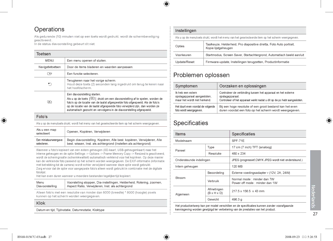 Samsung SPF-71E user manual Problemen oplossen, Specificaties, Klok 